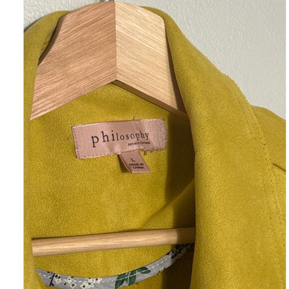 Women's L Mustard Yellow Philosophy Open Front Faux Suede Moto Jacket - Picture 4 of 6